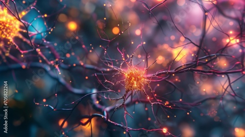 Neural cells featuring luminescent connections resembling knots. Glowing neurons within the brain, highlighted with a focused effect. The transmission of electrical and chemical signals between synaps photo
