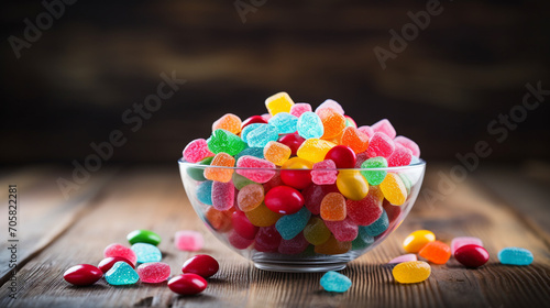 Multi-colored round candies in colored glaze in large quantities in a plate