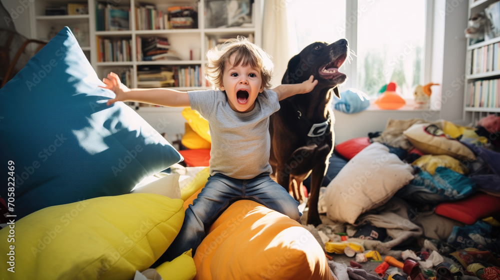 Obraz premium Kid engaged in playful antics with a Labrador, surrounded by cheerful chaos in a sunlit living room
