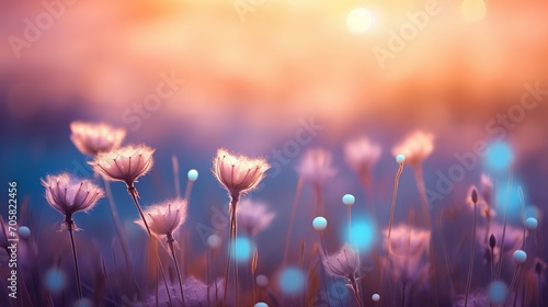 Bokeh background for wallpaper, a meadow at dawn with the first light creating a magical and ethereal atmosphere photo