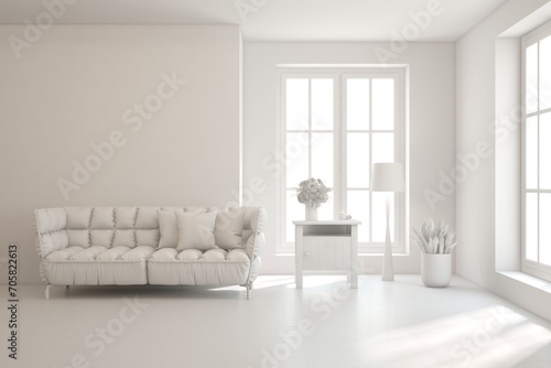 Grey interior desigh concept with furniture. 3D illustration