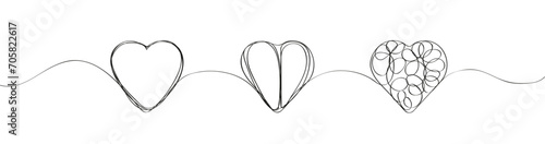 Linear, ornate hatched hearts, continuation line style vector. Valentine's Day sign, declaration of love.