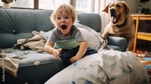 Kid engaged in playful antics with a Labrador, surrounded by cheerful chaos in a sunlit living room