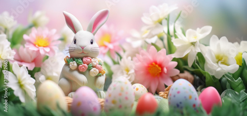 A cheerful Easter bunny figurine surrounded by a vivid explosion of spring flowers and colorful eggs, banner