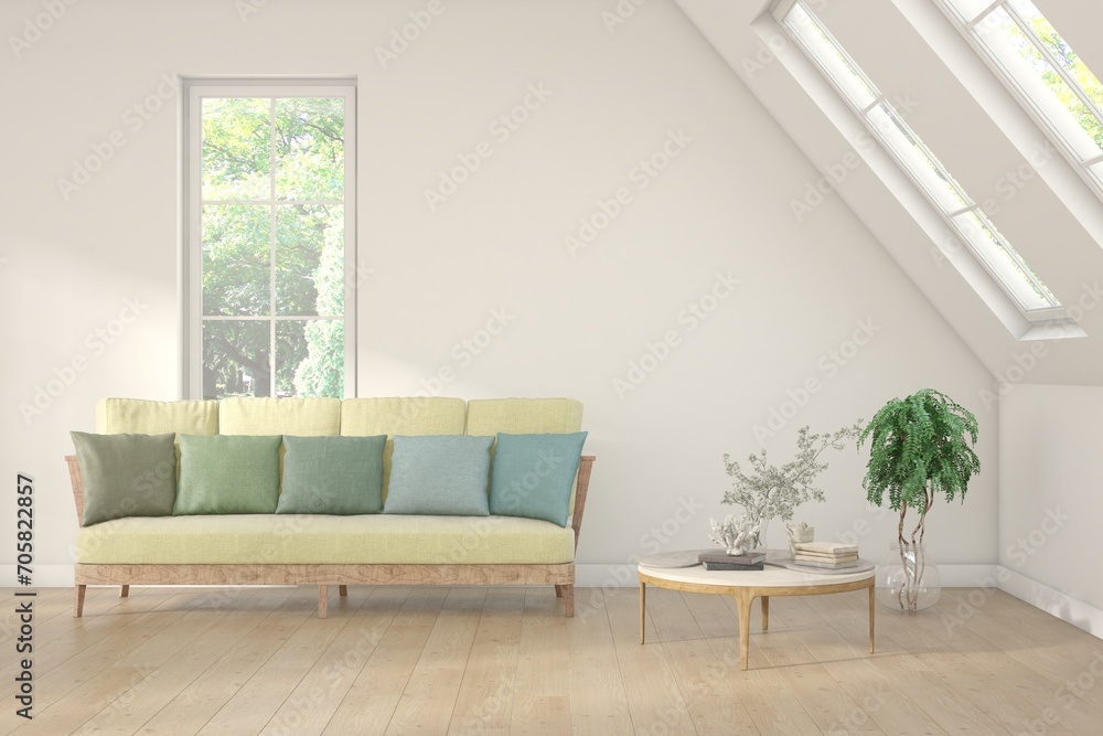 Fototapeta premium White living room with sofa and summer landscape in window. Scandinavian interior design. 3D illustration
