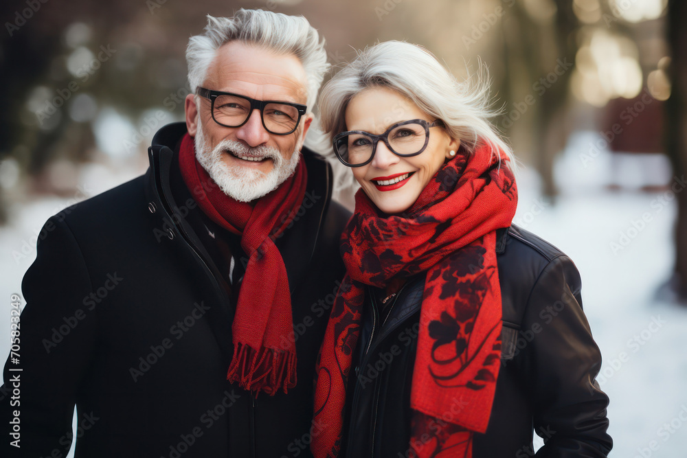 Cherished winter moments, Smiling seniors embrace love in a snowy wonderland.