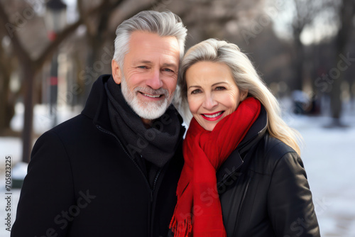 Cherished winter moments  Smiling seniors embrace love in a snowy wonderland.