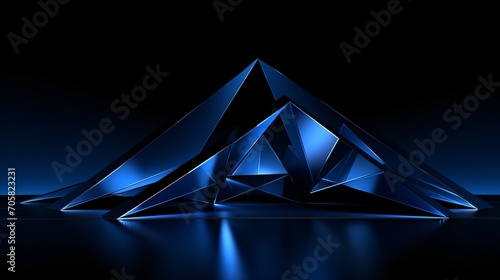 A futuristic blue pyramid structure in a dark room Generative AI