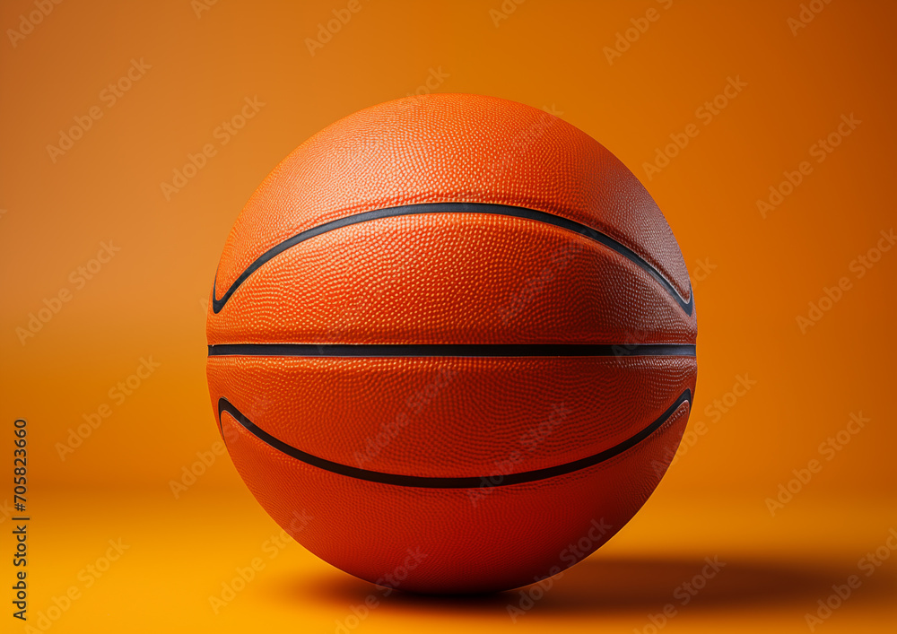 Orange colored classic basketball ball in front of orange backdrop. Mockup basketball ball.