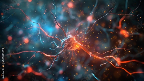Neural cells featuring luminescent connections resembling knots. Glowing neurons within the brain  highlighted with a focused effect. The transmission of electrical and chemical signals between synaps