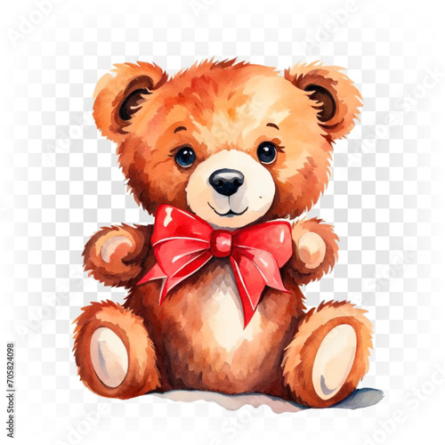 Cute teddy bear, brown bear toy with red bow.