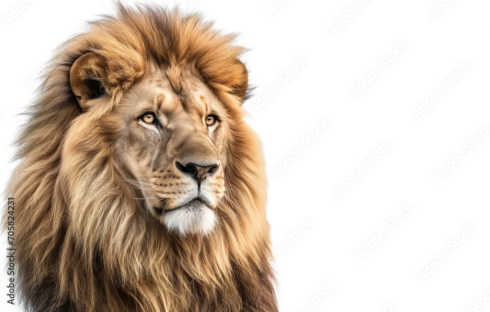 Fototapeta premium Majestic Lion of Judah, A Powerful Portrait of Strength and Pride in Christ, King of Kings, against a Serene White Background.