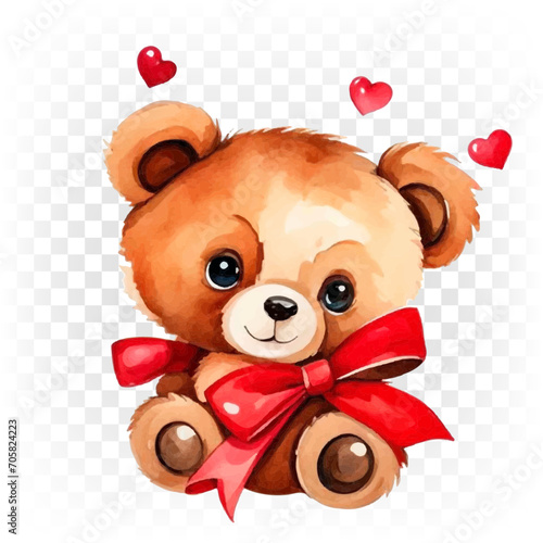 Cute teddy bear, brown bear toy with red bow.