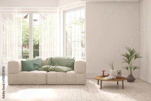 Contemporary classic white interior with furniture and decor and summer landscape in window. Scandinavian interior design. 3D illustration