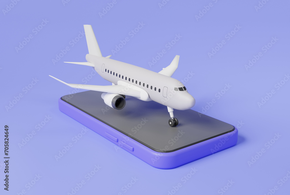 Airplane travel app for mobile phone. Online travel, booking flights, Burning tours, Book a ticket, Trip planning, Travel to World. Travel and tourism concept template. 3d render illustration
