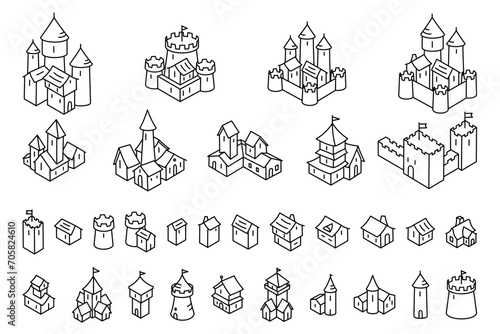 Medieval city isometry buildings. Elements of the map. Middle Ages. Editable outline. Editable outline. Vector line illustration sketch.