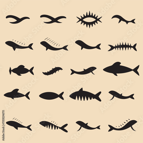fish bone line black silhouette icon set Clip art