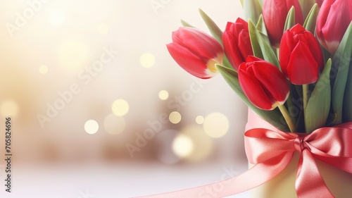 A bouquet of fresh red tulips tied with a ribbon. Background with blur with copy space.