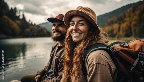 Deportes de aventura en pareja. Senderismo en pareja con vistas al lago y las montañas. photo