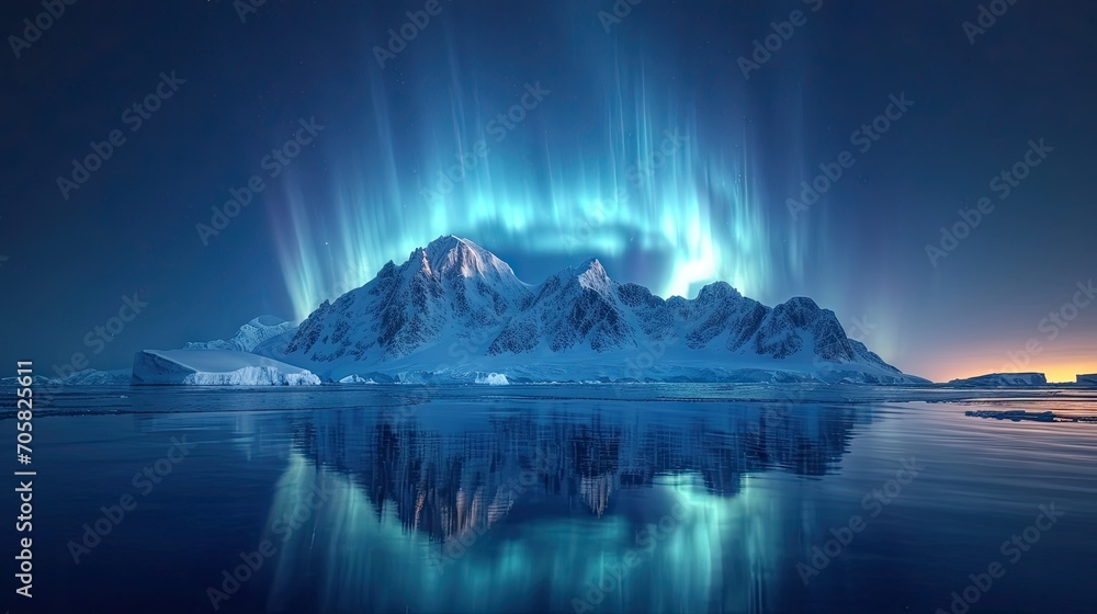 The snow in the antarctica is thick, smooth, and beautiful and aurora sky, mountains 