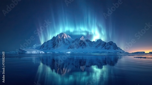 The snow in the antarctica is thick, smooth, and beautiful and aurora sky, mountains  photo