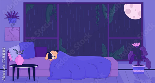 Dog sleeping in bed at night rainy 2D cartoon background. Sleepy puppy lifestyle colorful aesthetic vector illustration, nobody. Full moon nighttime window bedroom flat line wallpaper art, lofi image