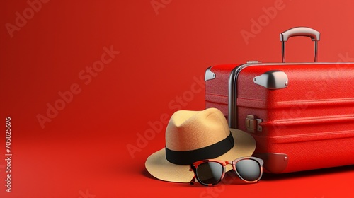Explore the World in Style: Trendy Suitcase, Hat, and Sunglasses on a Vibrant Red Background - Perfect for Your Summer Adventures and Travel Concepts.