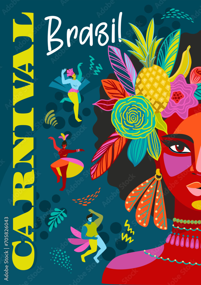 Poster with portrait of woman in brazil carnival outfit. Vector abstract illustration. Design for carnival concept and other Poster with portrait of woman in brazil carnival outfit. Vector abstract illustration. Design for carnival concept and other