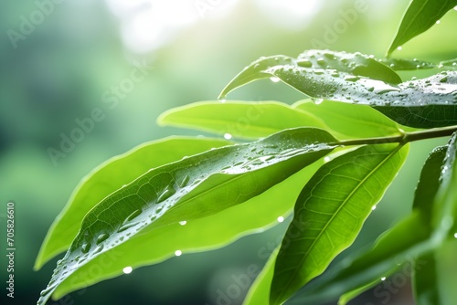 Green leaves with morning Dew on a sunny day, blurred nature background, Eco friendly, earth day, going green, love nature banner 