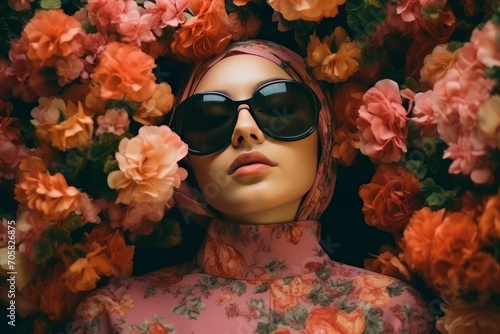 Young female model wearing a headscarf wearing glasses posing over flowers. A model's pose among the flowers 