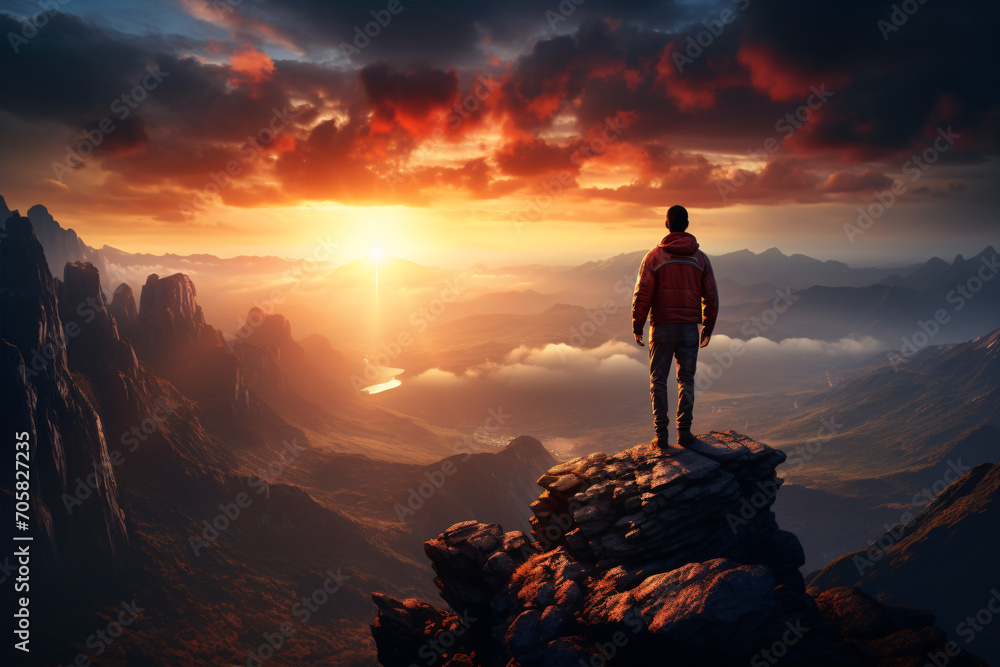 A solitary trekker, perched on a spectacular precipice, beheld a striking sundown above the immense expanse.