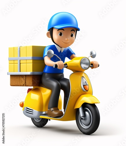 A cartoon man riding a yellow scooter with a box on the back Generative AI