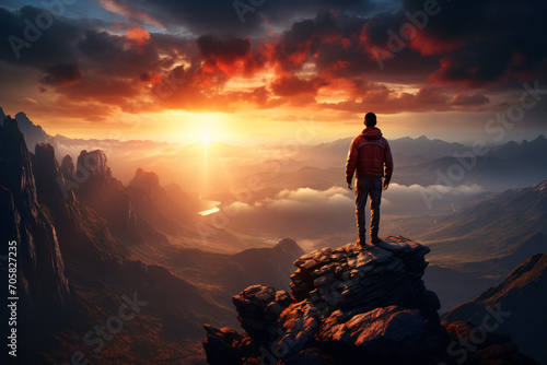 A solitary trekker, perched on a spectacular precipice, beheld a striking sundown above the immense expanse.