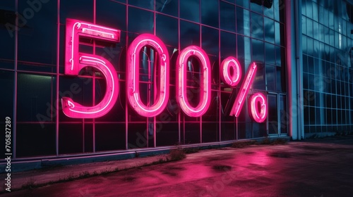 Big neon sign 500 percent. Glowing sale light advertising. Theme of discount and commerce