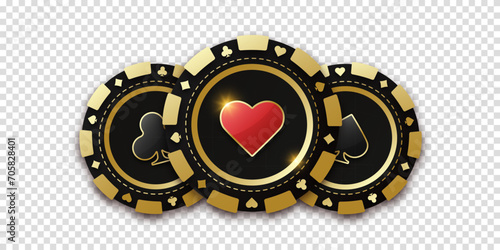 Gambling coin with suit hearts. Trio of playing chips or token. Realistic playing chip with the suit of hearts in the center, gambling tokens. Banner for web app or site. Concept poker or casino.