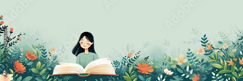 Woman reading a Book Background - Emerald Colours Accents, Minimalistic Floral Backdrop around the Book - Girl Book Boho, Vintage Watercolors Style Wallpaper created with Generative AI Technology photo