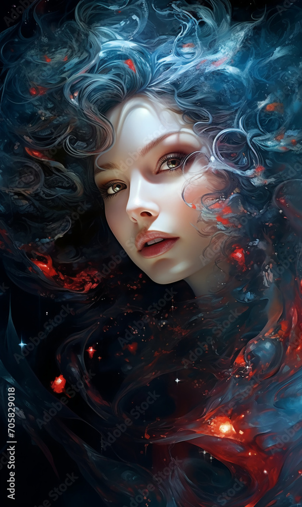 Unusual portrait of a beautiful young woman with long curly hair fantasy