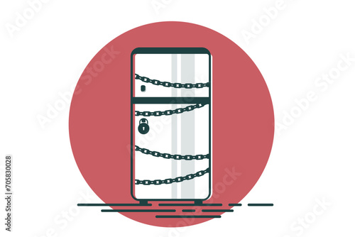 Locked and chained refrigerator. Locked refrigerator. Healthy eating. Food addiction. Eating disorders. A large padlock. Front view of the freezer. Cartoon flat vector diet concept diet