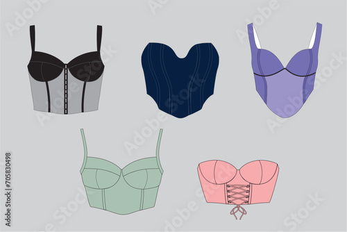 Set of corset and corselet tops, bustier technical fashion illustration