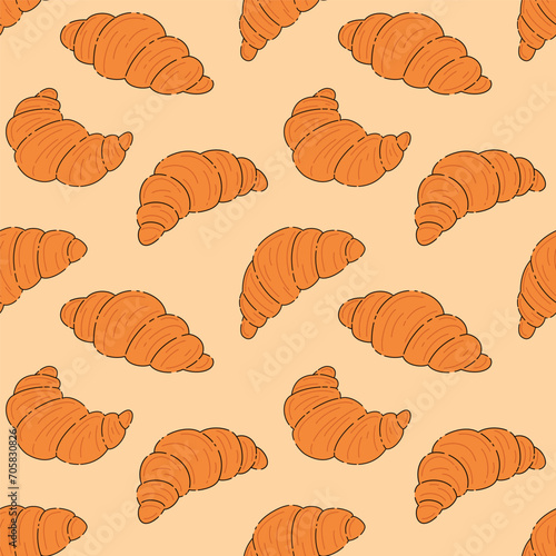 Croissant flat seamless pattern. French bakery morning cute background