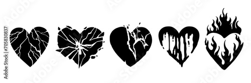 Broken heart gothic vector icon set, love sign rock gothic sticker, cracked grunge shapes, flame. Emo romance trendy print, y2k Valentine Day graffiti 90s art, breakup tattoo. Broken heart silhouette photo