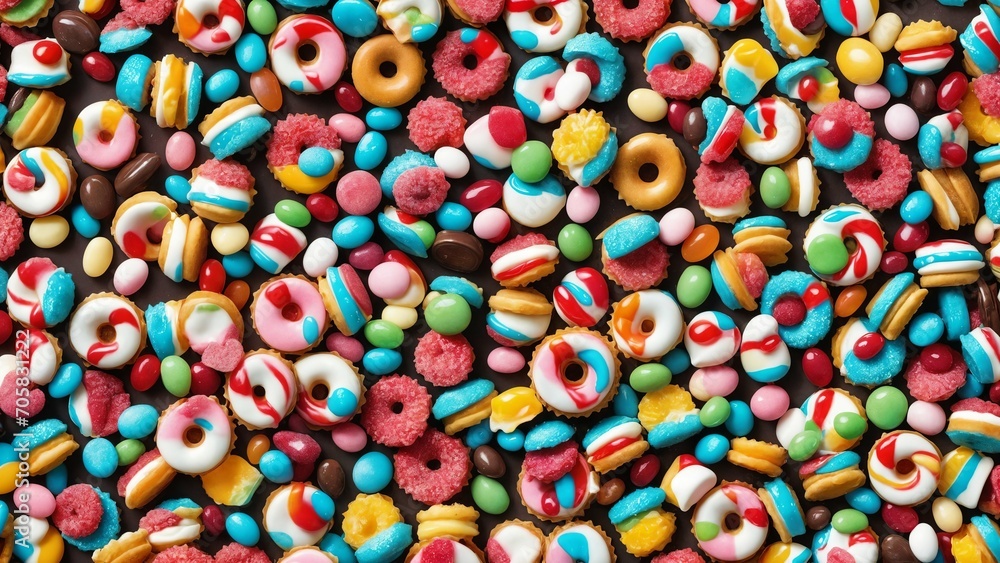 Fototapeta premium A colorful background of candy. Doughnuts in colored glaze, candies, jelly candies, chocolate, mint dragees, strawberry and raspberry marmalade. Chocolate cookies in glaze.