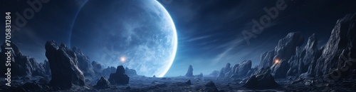 A moonlit night with a blue moon and a rocky landscape Generative AI