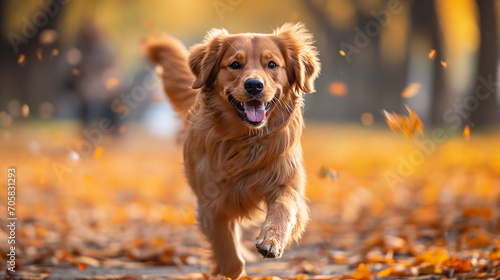 Brown dog with long fur is running in the park. His owner behind him. Selective focus. Autumn time. Animal care 
