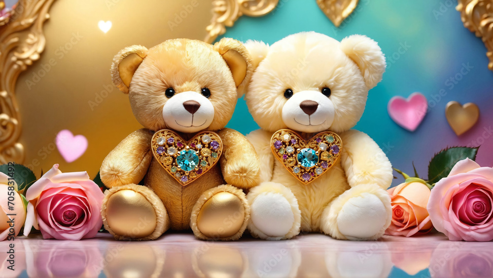 Valentine's Day. Background for February 14. A pair of cute teddy bears with gold hearts. Plush fluffy bears on colorful background. Awesome colorful teddy bears with gold heart gemstone pendants. Valentine's Day. Background for February 14. A pair of cute teddy bears with gold hearts. Plush fluffy bears on colorful background. Awesome colorful teddy bears with gold heart gemstone pendants.