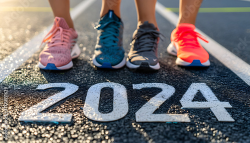 Women are getting ready to run on the track with the text 2024 in New Year's Start concept. start the new year 2024 and reach new goals