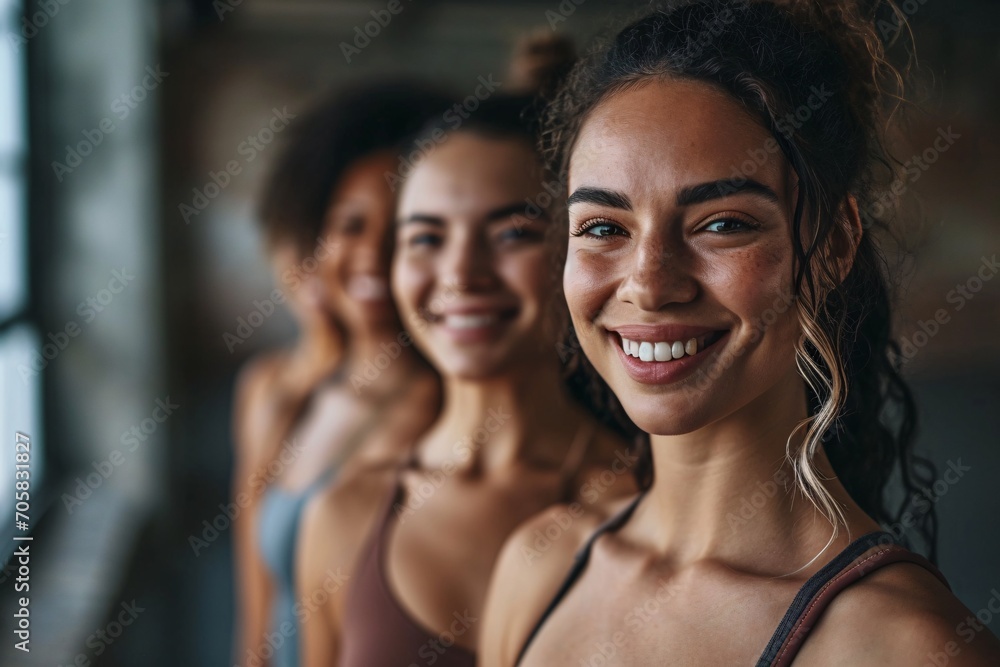 Fototapeta premium A group of athletic women joyfully practicing yoga together in a fitness center, with varying ages.