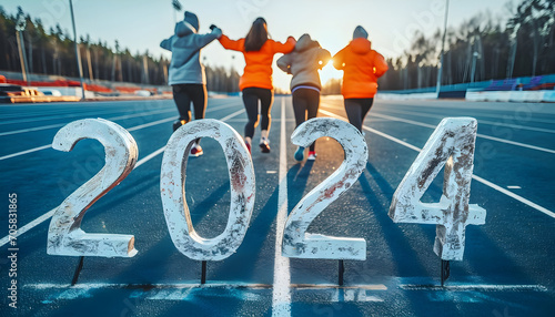 Women are getting ready to run on the track with the text 2024 in New Year's Start concept. start the new year 2024 and reach new goals photo