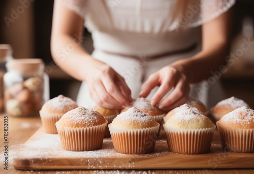 Close-up of the hands of a woman preparing homemade muffins