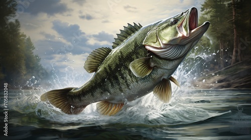 Giant-mouthed bass leaping from the surface. © ckybe
